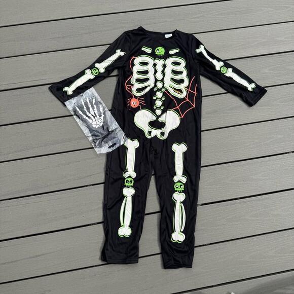Kids Size 5-6 Years Skeleton Glow-in-The-Dark Costumes with Gloves - Picture 1 of 5